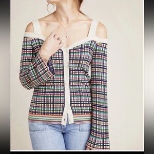 NWT Anthropologie Krissy Plaid Cold Open Shoulder Cardigan Sweater Size S $140